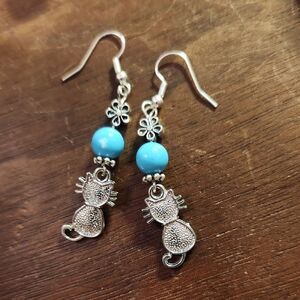 Silver Cat Charm Earrings with Blue Beads